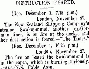 COPRA FIRE ON EX-GERMAN LINER Dominion, Volume 13, Issue 58, 2 December 1919, Page 6
